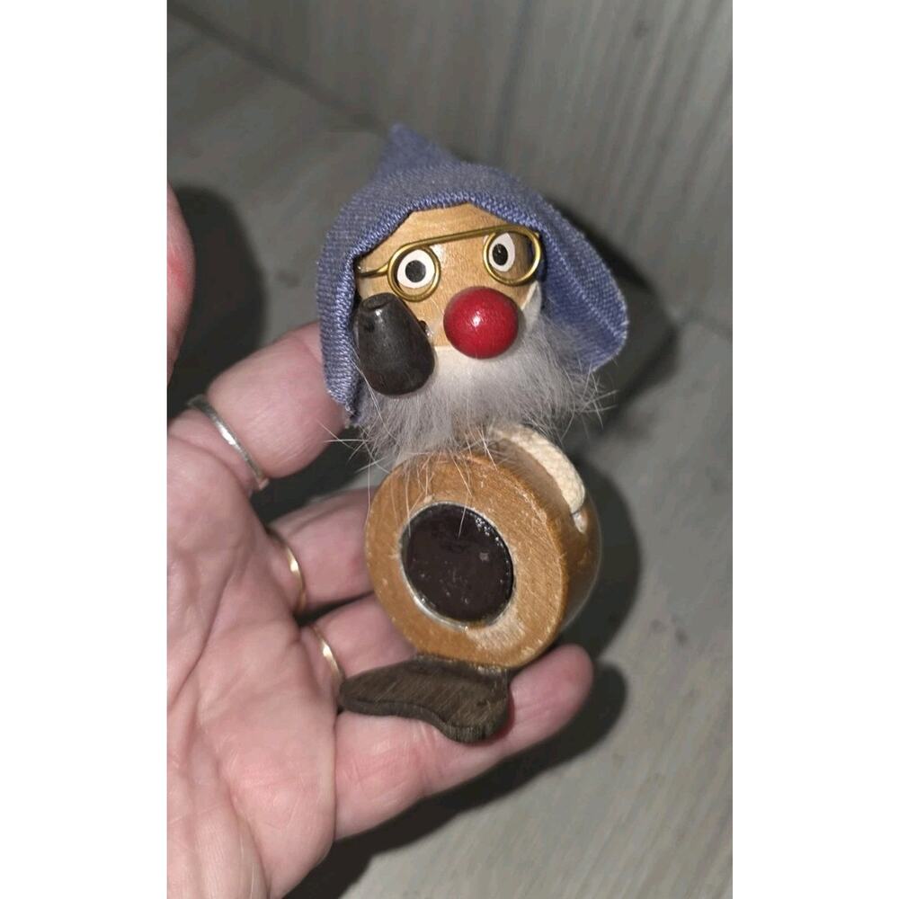 Vintage Danish Wooden Figurine Old Man Gnome w/ Pipe & Glasses Magnet Taiwan